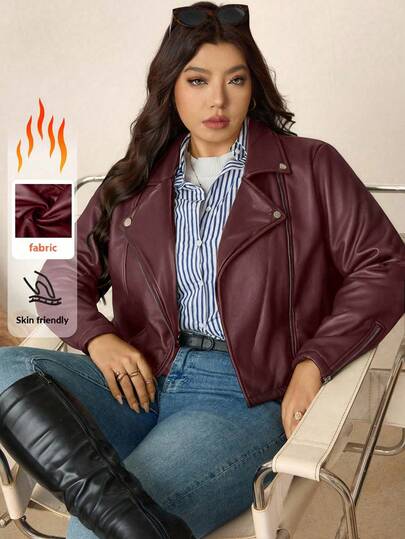 Zelara Plus Size Casual Solid Color Turndown Collar Jacket, Autumn Double Fleece Warm For Fall/Winter Coats,Stylish Everyday Wear,Office Wear, Old Money,Everyday Casual Holiday