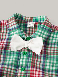 Conjunto de Terno Gentleman Joliand 2 Peças de Camisa de Colarinho Tecido de Mangas Curtas Decorada com Laço Branco e Xadrez Verde e Shorts Brancos para Bebê Menino, Adequado para Uso Casual Diário, Passeios, Festas, Reuniões, Verão e Outono - Multicolorido - Visão 6