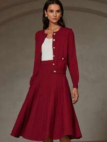 GENKIRA 2pcs Set: Solid Color Crew Neck Faux Pocket Cardigan & Pleated Maxi Skirt Sweater - Red - View 3