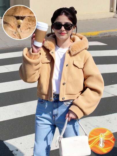 Chaqueta corta de invierno con capucha de peluche para niñas preadolescentes, color café, manga larga, abrigo tipo cárdigan con cremallera, dobladillo con cordón de moda