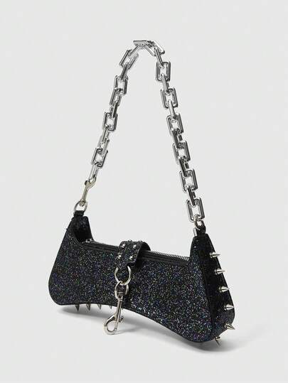 Grunge Punk Women's Punk Edge Studded Shoulder Bag With Acrylic Chain Straps - Urban Streetwear Style Purse For Everyday Use