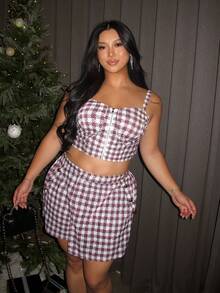 Firerie Plus Size Women 3 Pieces Set,White Plaid Long Sleeve Jacket,Zipper Cami Top,Layered Pants,Elegant,Autumn Outfit For Bachelorette Party,Night Out Club - Multicolor - View 6