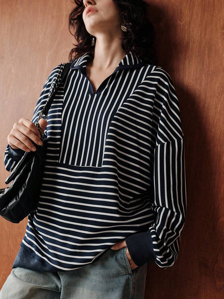 Uhlyne Uhlyne Women's Autumn/Winter Striped Drop Shoulder Long Sleeve Elegant Minimalist Sweatshirt - Blue and White - View 1