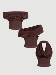 SHEIN MOD 三穿式女士休闲纯色修身上衣，适合夏季穿着，高领设计，露肩款式，美观大方，适合节日、乡村、海滩度假、下午茶聚会等场合，风格端庄，适合舞会等场合，可爱无肩带长款抹胸上衣，女士抹胸套装，适合冬季、圣诞节、新年、感恩节等场合，性感百搭。 - 彩色 - 查看 6