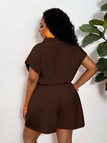 Slaydiva 2025 New Versatile Casual All-Match Beach Short Sleeve Jumpsuit/Rompers For Women, Summer, With Belt - A Brown Dress Plus Size Brown Romper Plus Size Short Sets Earthy Plus Size Brown Romper Women
