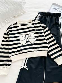 Genkimix Kids Conjunto de 2 piezas de niña preadolescente con sudadera de cuello redondo casual con rayas y decoración de lazo + pantalones rectos casuales con decoración de cinta - Negro - Ver 3