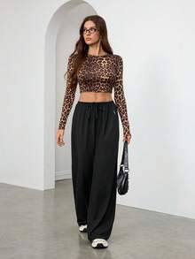 SHEIN Tall Soft White Knitted Home Baggy Pants, Loose Pants Comfy Pants Black Pants, Tall Women - Black - View 6