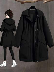 Linhara Áo khoác dày tay dài có mũ trùm đầu, khóa kéo phía trước, dây rút, cỡ lớn dành cho nữ - màu đen - Xem 1