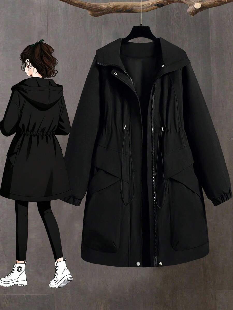 Linhara Áo khoác dày tay dài có mũ trùm đầu, khóa kéo phía trước, dây rút, cỡ lớn dành cho nữ - màu đen - Xem 1