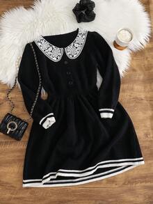 SHEIN 少女休闲时尚百搭针织蕾丝花边腰部拼布长袖连衣裙 - 黑色 - 查看 6