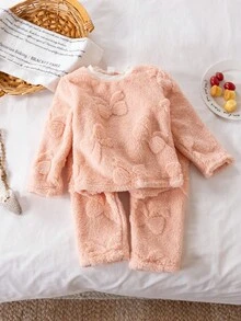 Genkimix Kids 2pcs/Set Young Girl' Cute & Simple Comfortable Knit Round Neck Fluffy Pink Long Sleeve Top And Pants Pajama Set With Bow Pattern - Coral Orange - View 3