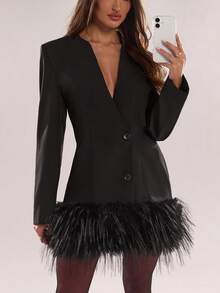 SHEIN BAE 女式纯色双排扣仿皮草下摆时尚西装外套 - 黑色 - 查看 7