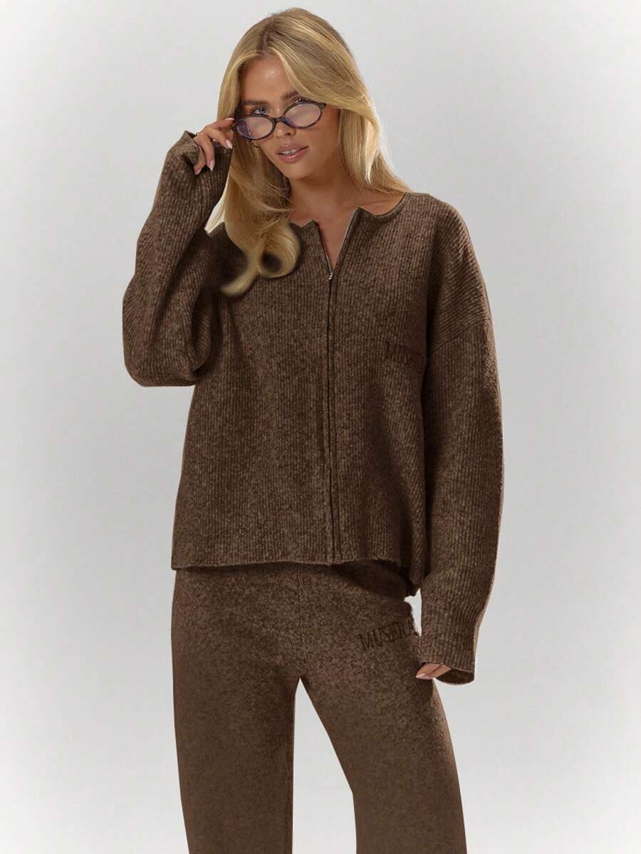 MUSERA Oversized Rib Knit Embroidered Zip Through Long Sleeve Cardigan Only Cosy Cute Casual Coffee Club Evening Party Elegant - Chocolate Brown - View 1