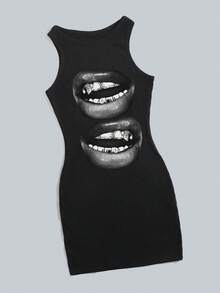 Attitoon 休闲简约街头风格唇印图案女式无袖紧身连衣裙，百搭复古、学院风、性感、可爱 Y2K、椰子女孩、波西米亚风、嬉皮士、音乐节风格，适合秋冬 - 黑色 - 查看 5