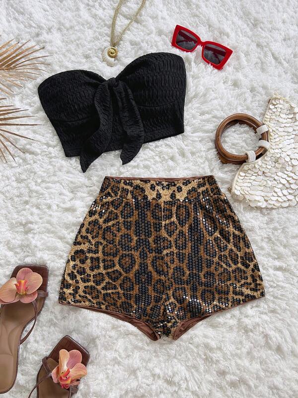 Soleia 2pcs Women's Black & White Striped Woven Tie-Up Bandeau Top And High Waist Shorts Set, Suitable For Date, Afternoon Tea, Beach, Cruise, City Vacation, Music Festival, Boho Vacation Two Piece Outfit Sequin Shorts Cheetah Print Shorts Cheetah Shorts