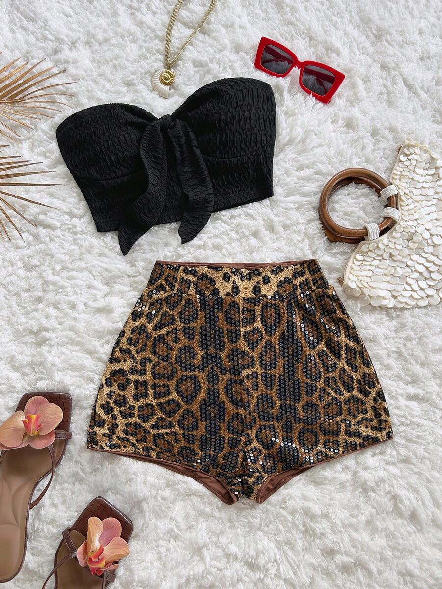 Soleia Winter And Summer  Christmas 2pcs Women's Black & White Striped Woven Tie-Up Bandeau Top And High Waist Shorts Set, Suitable For Date, Afternoon Tea, Beach, Cruise, City Vacation, Music Festival, Boho Vacation Two Piece Outfit Sequin Shorts Cheetah Print Shorts Cheetah Shorts Cheetah Print Two Piece Cheetah Print Bathing Suit High Waist Swimsuit Set Bikini High Waisted Set New Year Clothes  Party  For Women Beach  Formal Sequin Leopard Print