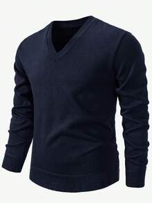 Manfinity Mode 男士休闲纯色V领保暖毛衣，适合秋冬季节穿着，长袖上衣 - 藏蓝色 - 查看 3