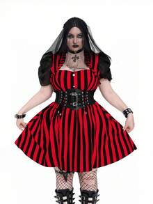 Whyspr Abito a righe a-line in organza con maniche a palloncino per taglie forti - Rosso - Visualizzare 7