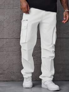 Manfinity LEGND Plus Size Men's Solid Color Straight Casual Cargo Pants, Versatile, Fall - White - View 3