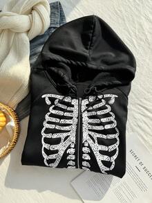 SHEIN EZwear Sudadera con cremallera de talla grande con estampado de esqueleto para Halloween, sudadera de esqueleto, sudadera de Halloween, sudadera con cremallera negra, sudadera gótica para invierno, otoño - Negro - Ver 6