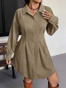 SHEIN VCAY Váy Cardigan bó eo cỡ lớn phong cách cổ điển thường ngày thu/đông - Màu Khaki - Xem 3