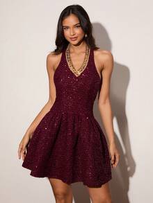 Enchnt Abito elegante da donna con collo a canottiera, orlo con volant e paillettes di colore unito