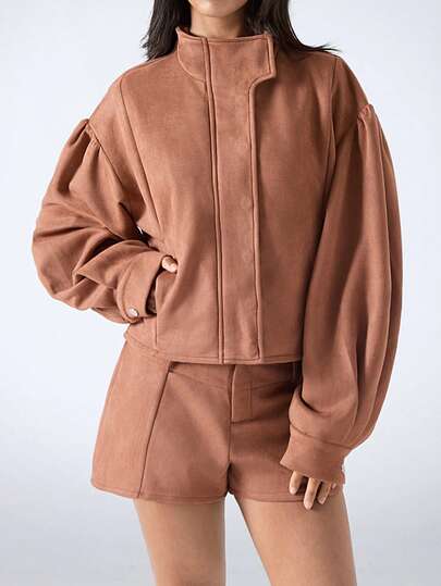 LYSMO Ensemble 2 pièces femme, veste à col montant à manches longues avec épaules tombantes et short, couleur unie, décontracté, automne