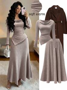 Franclia Women's Elegant French Brushed Ribbed Bodycon Top And A-Line Skirt 2-Piece Set, Autumn/Winter - Khaki - View 1