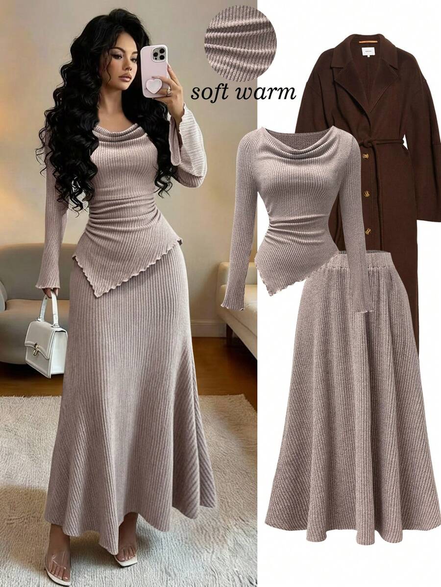 Franclia Women's Elegant French Brushed Ribbed Bodycon Top And A-Line Skirt 2-Piece Set, Autumn/Winter - Khaki - View 1