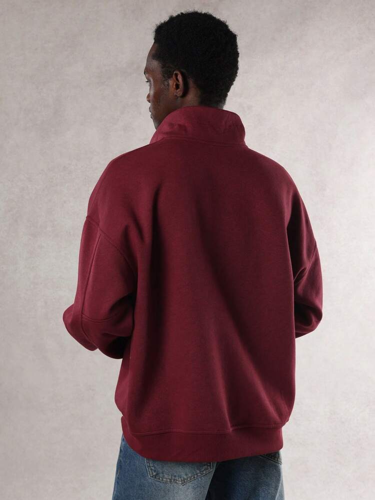 Men's Letter Print Half-Zip Fleece Sweatshirt, Burgundy & Berry Color, Autumn/Winter