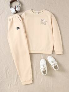 Explorewe Teenager (Boys) English Embossed Crew Neck Pullover Sweatshirt Set, Light Khaki Casual Sweatshirt