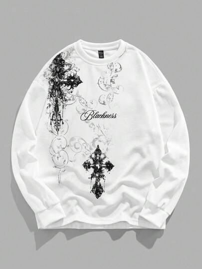 Men's KPOP Gothic Cross Print Waffle Fabric Pullover Sweatshirt, Suitable For Everyday Wear, Autumn/Winter