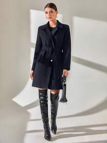 CLARA VERO Women Button And Belt Detailed Over Coat - Navy Blue - View 7