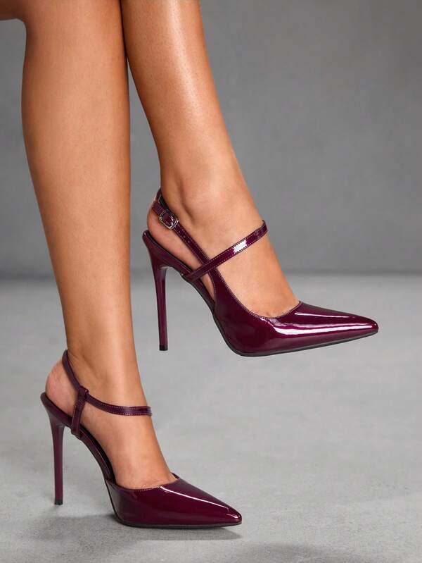 CUCCOO SZL Pointed Toe Stiletto High Heel Burgundy Pearl Fabric Fashion Sexy Nightclub Party Runway Ankle Strap Super High Heel Women Pumps