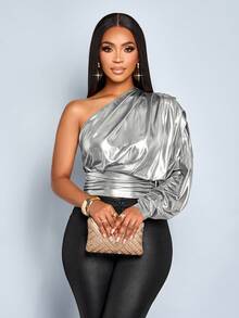 SOLERSUN " 女士单肩褶皱长袖衬衫，长袖上衣，适合派对上衣，音乐节上衣 " - 銀色 - 查看 6