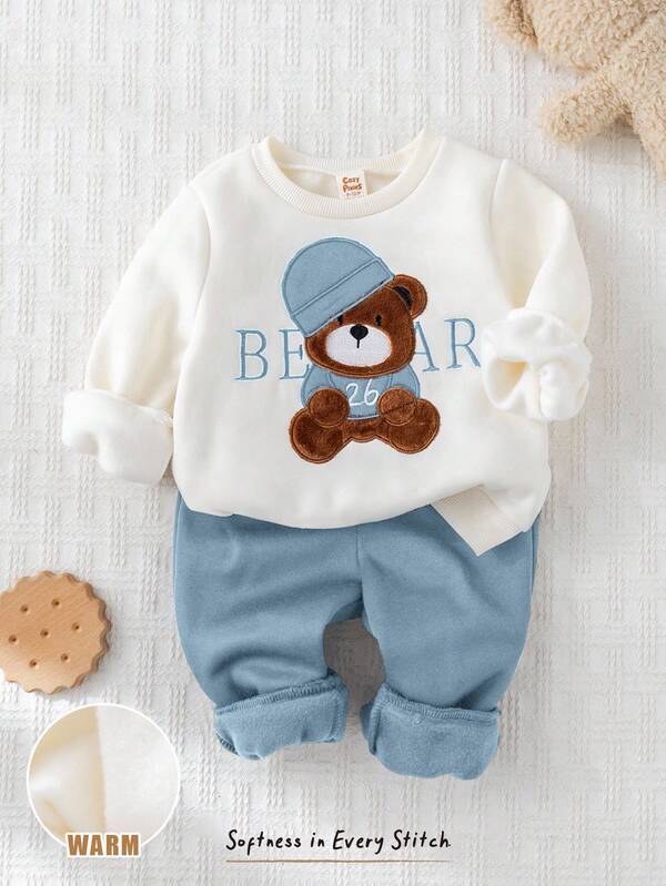Cozy Pixies 2 Stück Baby Jungen Cartoon Bär Muster gestrickte weiche Rundhals Langarm Kapuzenpullover und thermisch gefütterte Hose mit elastischem Bund Set