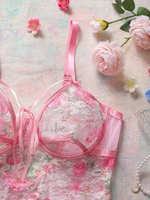 Plus Size Floral Lace Sexy Lingerie Bodysuit - Pink - View 7