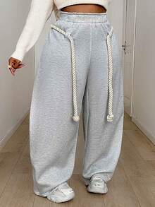 Maweii Plus-Size Women's Casual Sweatshirt Fabric Trousers, With Drawstring Design, Suitable For Everyday Wear, A Versatile Item.Summer,Sexy,Vacation,Leopard,Cheetal Christmas, And New Year's. - Grey - View 4