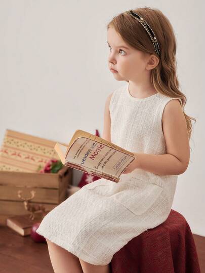 PrepCrw Young Girl Pocket Decor Round Neck Casual Loose Fit Sleeveless Dress