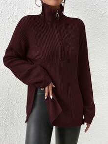 SHEIN Frenchy 女士时尚休闲纯色拉链套头毛衣 - 中紫紅色 - 查看 5