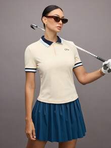 Activina 女式拼色短袖运动 Polo 衫 - 卡其色 - 查看 3