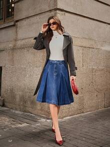 SHEIN Essnce Women's Knee-Length Denim Skirt With Pleat Detail - Blue - View 11