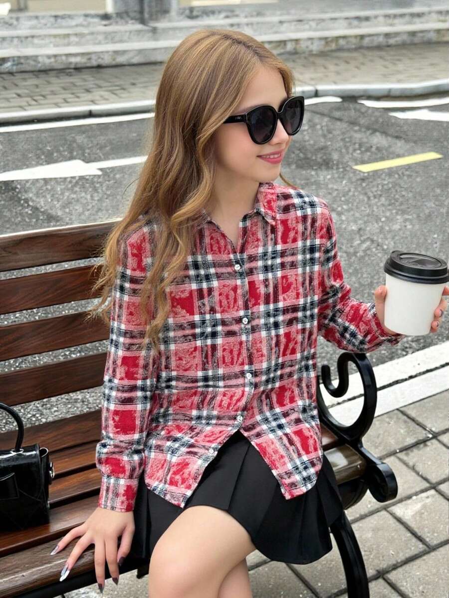 SHEIN Tween Girls Red Plaid Long Polyester Shirt Blouse With Drop Shoulder Sleeves And Asymmetrical Hem Everyday Casual Style Blouse - Red - View 1