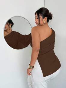Firerie Plus Size Women's Elegant New Fashion Vacation Daily Single Shoulder Extra Long Sleeve Waist Ruched Slimming Metal Decor Blouse/Valentine's Day/Concert/Performance/Date/Formal Dinner/Prom/Wedding Season/Sexy/Graceful/Commute/Back To School/Vacation/Beach/Romantic Chic/Office Diva/Mermaid Vibe/Birthday Party Asymmetrical Neck Blouse Coffee Brown Top Chocolate Brown Top
