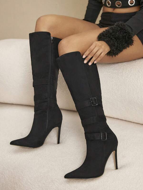 Daringsoles Botas altas de tacón alto con diseño de hebilla y punta puntiaguda para uso diario