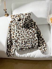 SHEIN Tween flickors casual vändbar leopardmönstrad termofodrad tjock teddytermojacka med söt 3D-örondesign, höst/vinter - Kaki - Visa 2