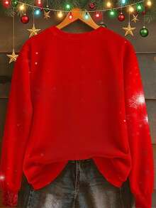 EMERY ROSE 女士流行雪花印花运动衫、女士圣诞牛图案运动衫、圣诞帽图案红色节日运动衫 - 紅色 - 查看 2