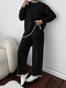 SHEIN Damski sweter z wysokim kołnierzem i spodnie swetrowe w rozmiarze oversize, 2 sztuki, komplety dwuczęściowe - Czarne - Zobacz 1