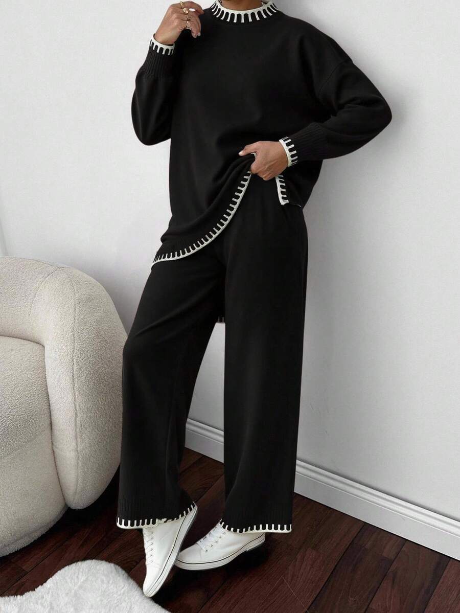 SHEIN Damski sweter z wysokim kołnierzem i spodnie swetrowe w rozmiarze oversize, 2 sztuki, komplety dwuczęściowe - Czarne - Zobacz 1