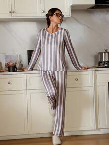 SHEIN 2件套美式休闲条纹印花长袖上衣和裤子女士睡衣套装，冬季服装 - 彩色 - 查看 7